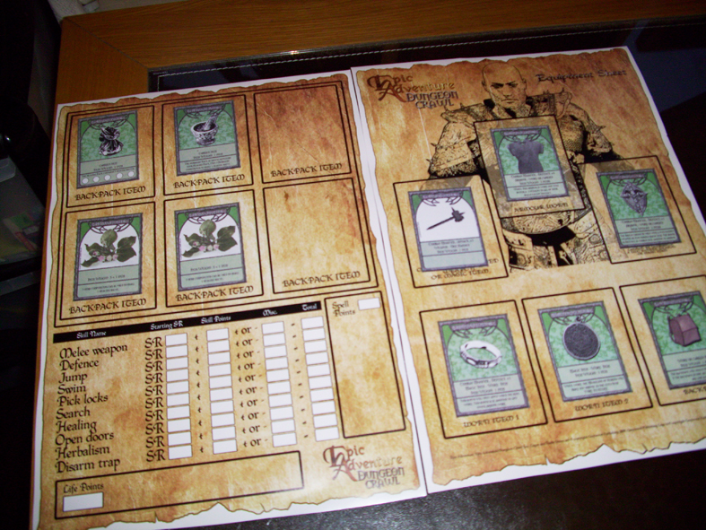 character sheets with equipment cards